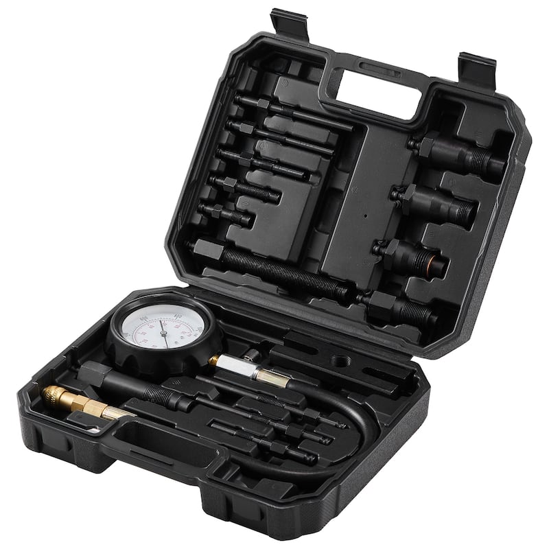 Diesel Engine Compression Tester, 18 pcs Cylinder Pressure Test Tool Kit, with 0-1000 psi Gauge and Adapters - 0-1000 psi - 18 pcs