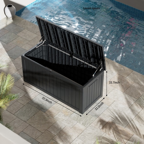 dimension image slide 0 of 2, 230 Gal. Resin Lockable Patio Outdoor Storage Deck Box for Furniture - 57.9"L x 32.2"W x 33.7"H