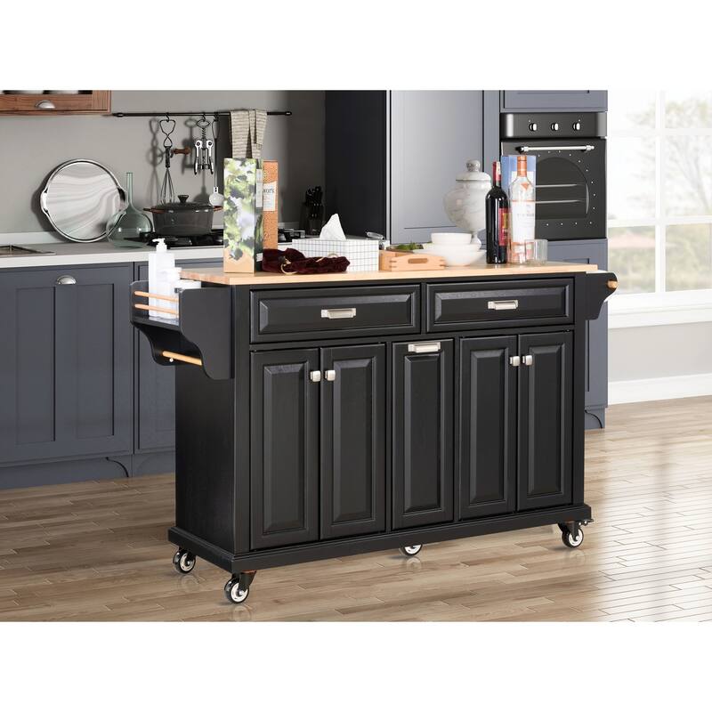 Kitchen Island with Rubber wood Countertop - Black