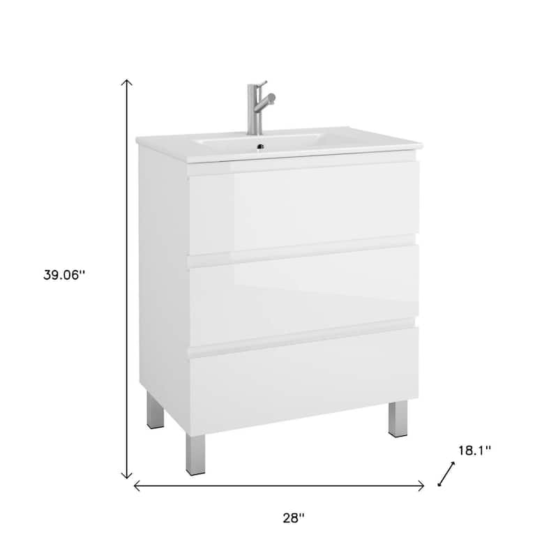 HomeRoots 28" White Wood Freestanding Bathroom Vanity With White Sink And Three Drawers - 28.00 in. x 39.06 in. x 18.10 in.