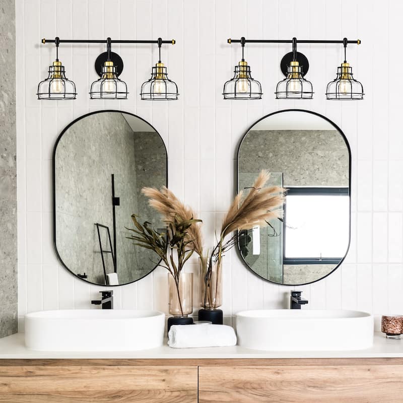 Black and Antique Gold 3-Light Vanity with Clear Glass Shades