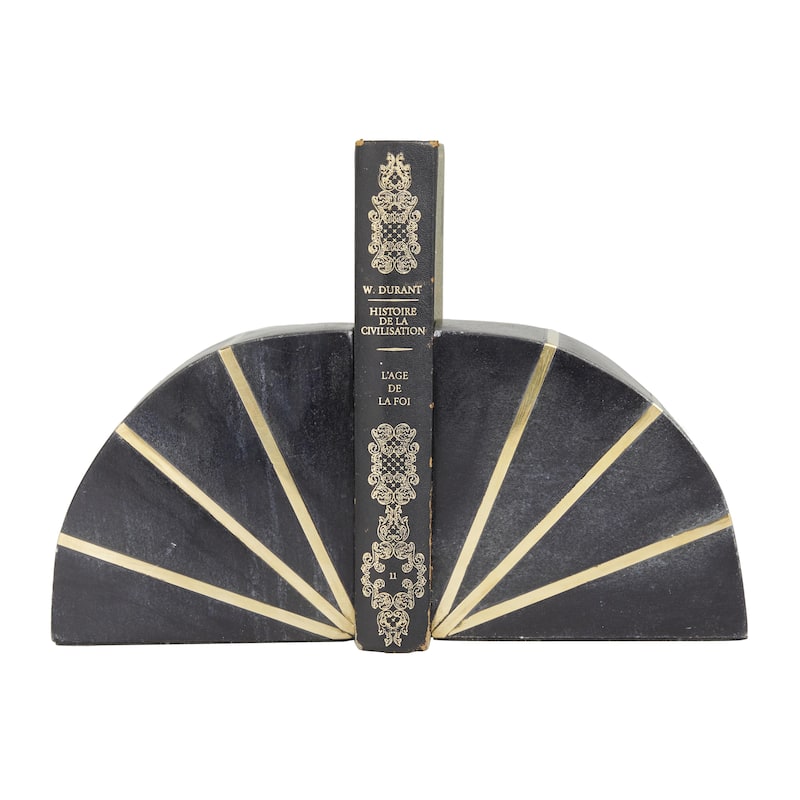 Marble Geometric 9 lbs Bookends with Gold Inlay - Set of 2 Black or White - CosmoLiving by Cosmopolitan - Black