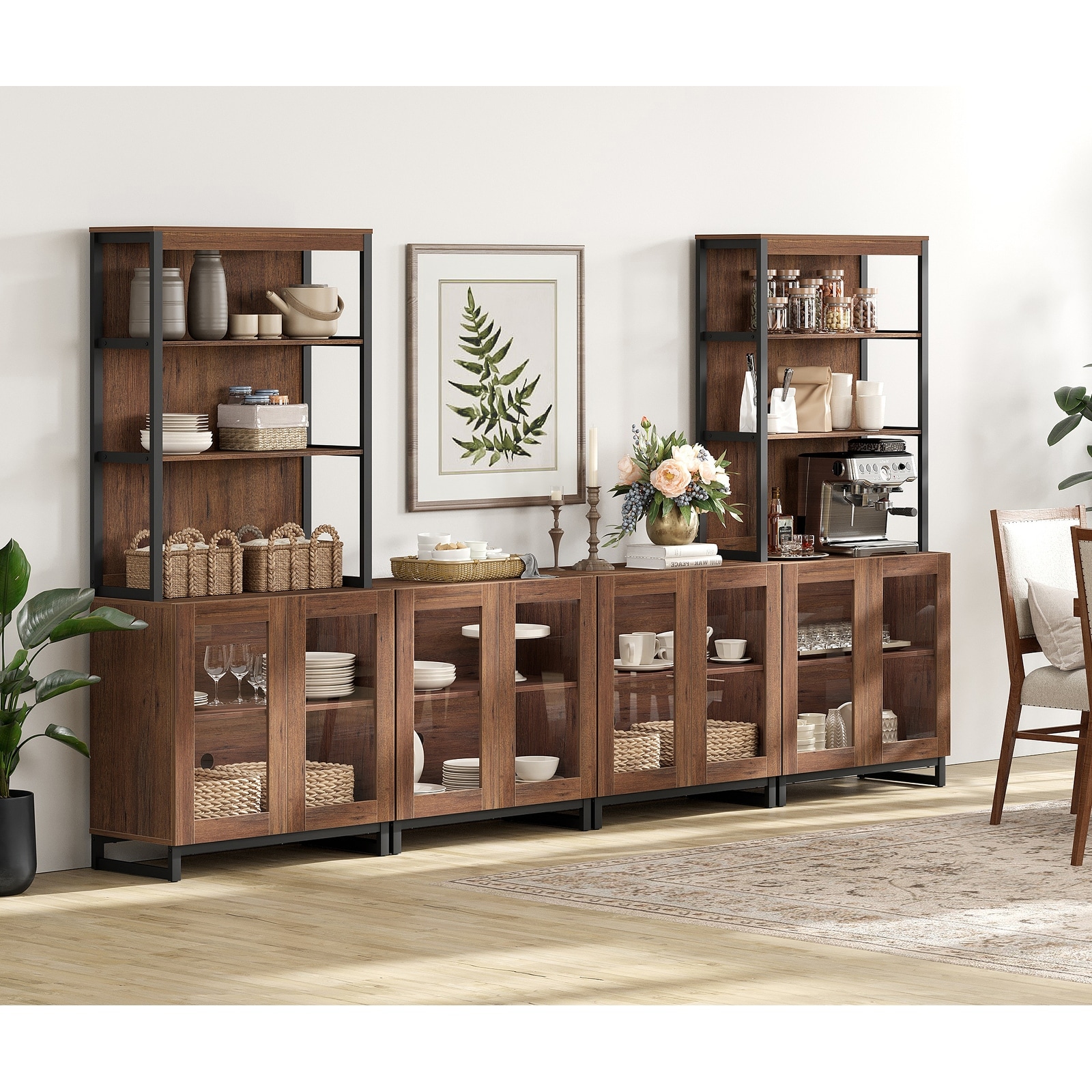 Modern Farmhouse Buffet Cabinet with 3 Tiers and 4 Cabinets, Wooden Sideboard for Dining Room or Kitchen