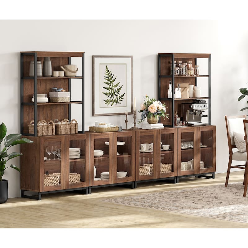 Modern Farmhouse Buffet Cabinet with 3 Tiers and 4 Cabinets, Wooden Sideboard for Dining Room or Kitchen - 72inches - Brown