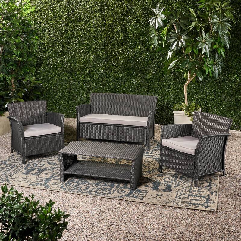 Outdoor Wicker Sofa Set with Loveseat and Chairs, 4-Piece Patio Conversation Sofa Set with Cushions and Table