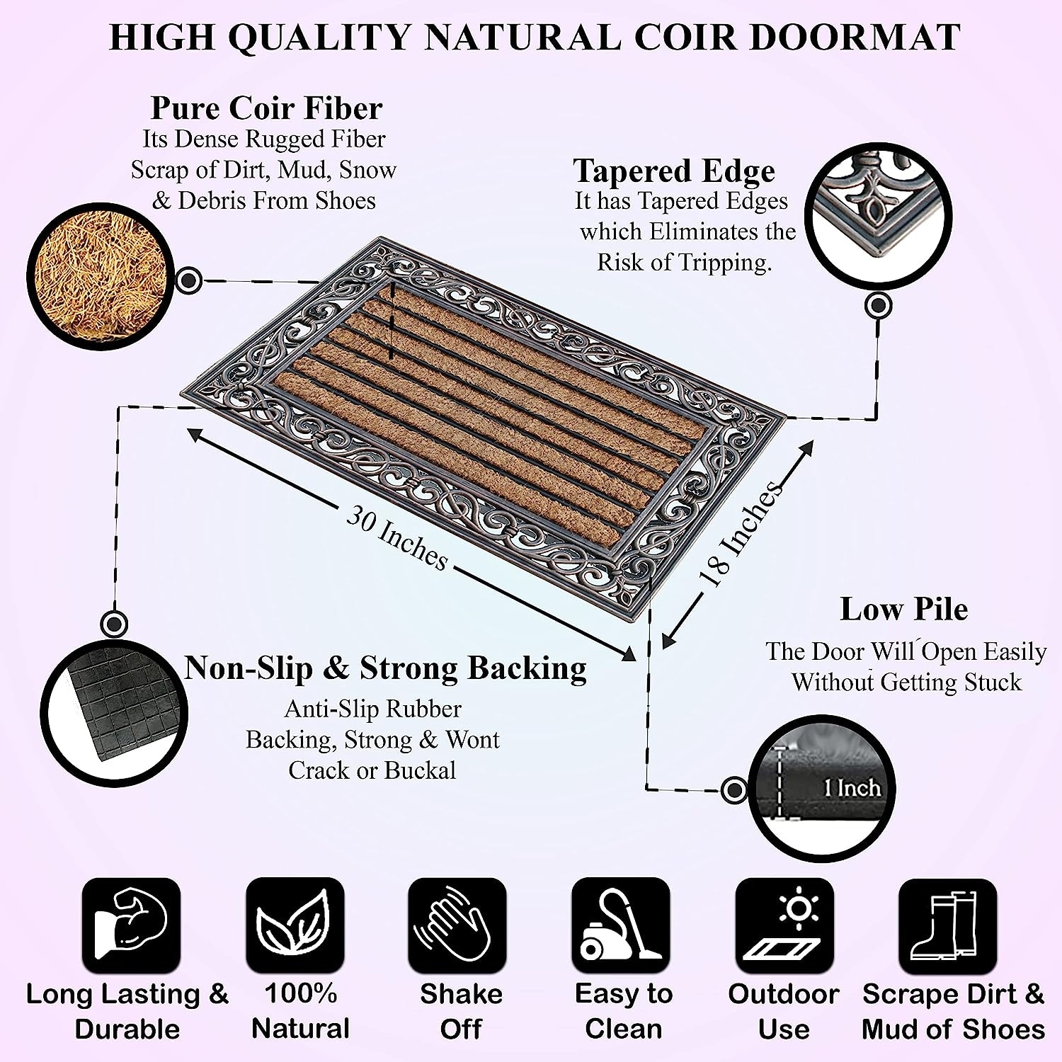 A1HC Natural Coir & Rubber Extra Large Door Mat 30x60 Thick Durable Doormats  for Entrance Heavy Duty, Thin Profile Front Door Mat 