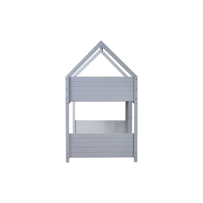 Twin Over Twin House Floor Bunk Bed with Headboards, Footboards and Guardrails, Ladder, Bunk Bed with Safety Guardrails