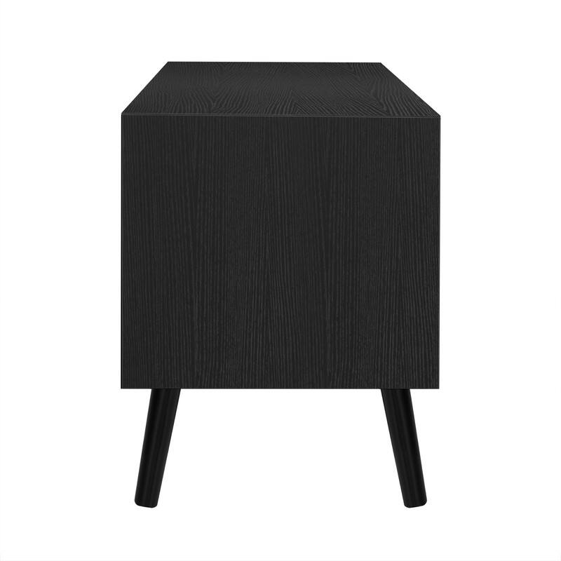 Mid Century Modern Entertainment Center with Rattan Doors, 2 Drawers, and Open Shelf