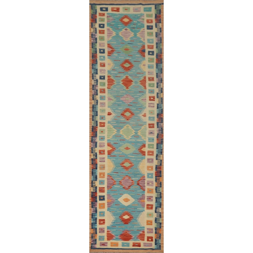 Hand Woven Oriental 100% Wool Carpet Southwestern Tribal Navy Blue & Blues Kilim Runner Rug - 10' 10'' X 2' 4''