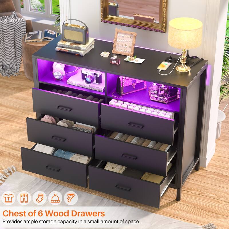 Chest of Drawers with LED Lights and Outlets,Wood Drawer Dresser for Clothes Storage
