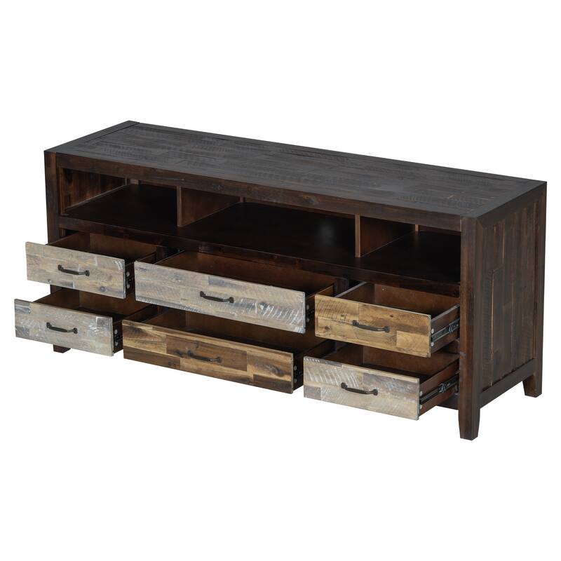 64" Distressed Wood TV Stand, 6 Drawer Storage & 3 Shelves, Cable Management - Farmhouse Style