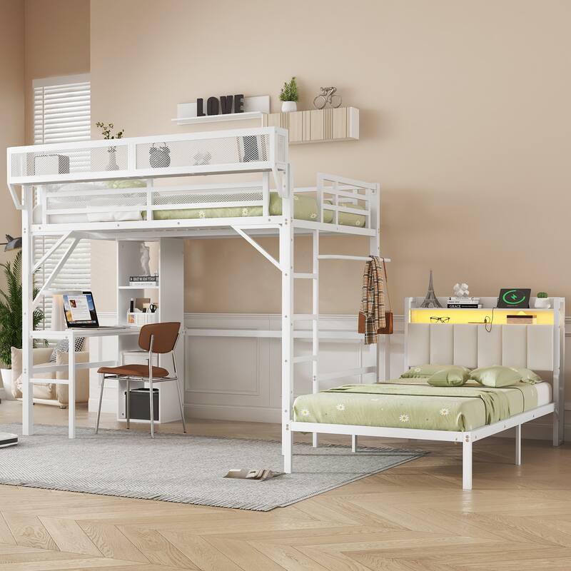 Full over Twin Bunk Bed with Desk, Bookshelves, Charging Station & LED Lights, Detachable Metal Loft Bed