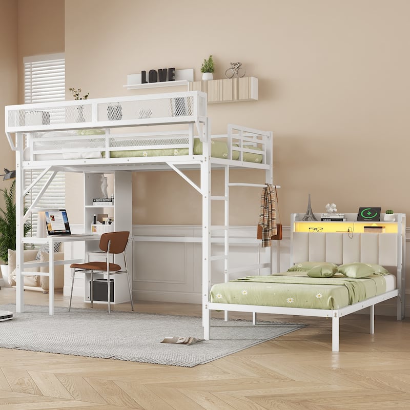 Full over Twin Metal Bunk Bed with Desk and Bookshelves,Detachable Metal Bunk Bed with LED and Charge Station