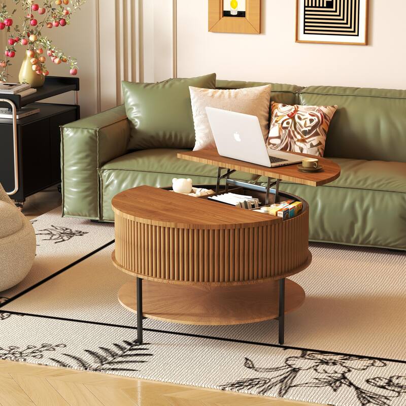 31.5 Inch Farmhouse Brown Lift Top Coffee Table, Round Storage Cocktail Table with Sturdy Steel Legs, for Living Room - Brown