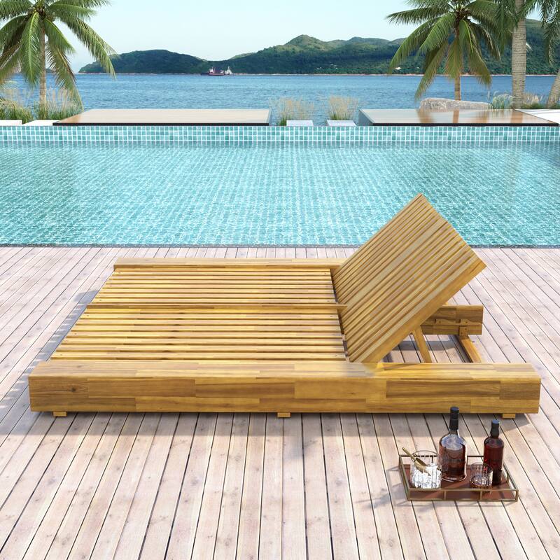 Christopher Knight Home - Thalric Outdoor Acacia Wood Double Chaise Lounge with Adjustable Backrest and Optional Cushions