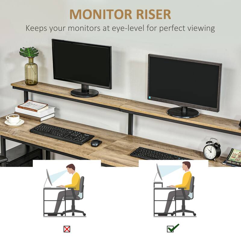 Industrial 2 Person Desk with Double Desktops and Monitor Shelves and Ample Storage for Shared Workspaces or Home Offices