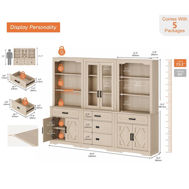3-Column 73.3" Tall Bookshelf Set with Open Storage and Glass Doors