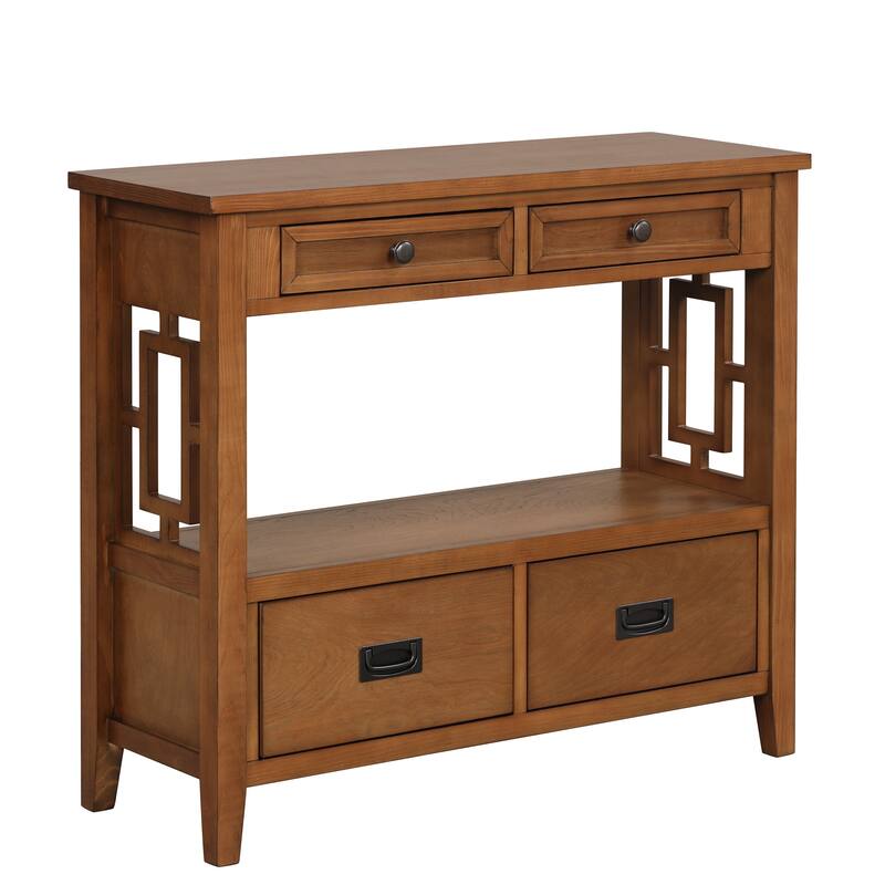Anmytek Farmhouse Pine Wood Console Table with 4 Drawers and Storage Shelf for Entryway Brown