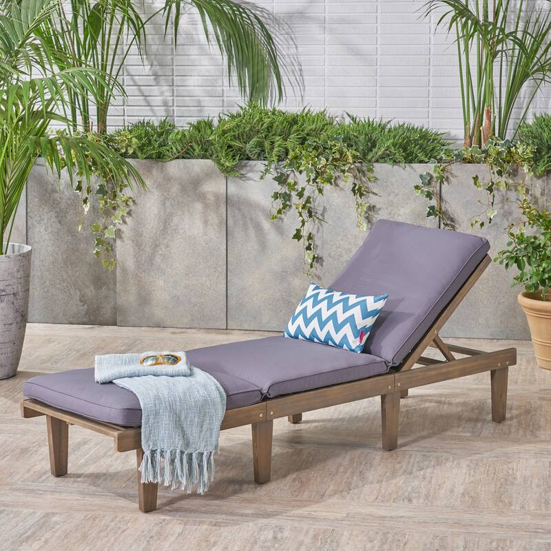 Outdoor Wooden Chaise Lounge Chair with Water-Resistant Cushion, Poolside Adjustable Reclining Chair