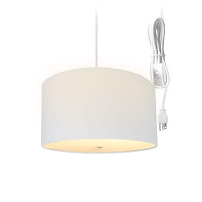 2 Light Swag Plug-In Pendant 16"w White Linen Drum with Diffuser, White Cord