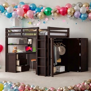 Full Size Loft Bed With Drawers,Desk and Wardrobe for Home