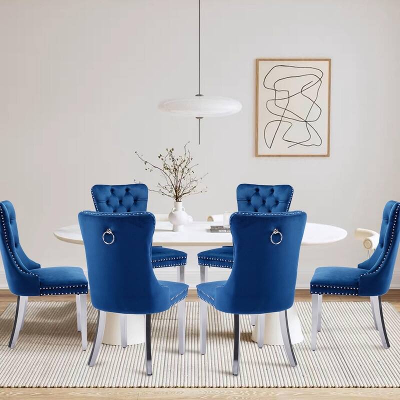 Tufted Naliheads Solid Wood Upholstered Dining Chairs Set of 6 - Navy SliverLegs