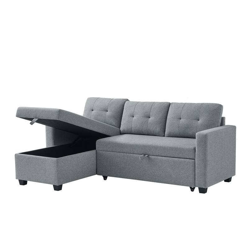 Modern Upholstered Pull Out Sectional Sofa with Storage Chaise