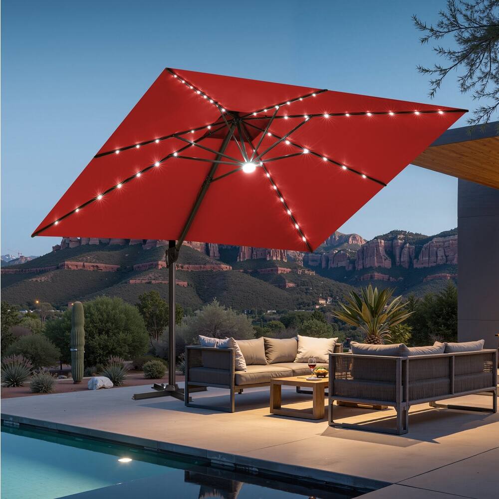 11' x 11' Outdoor Square Solar Powered LED Patio Cantilever Umbrella Double Top Umbrella