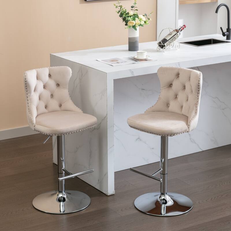 GDF Studio - Modern Upholstered Swivel Velvet Bar Stools with Adjustable Seat Height and Tufted Back (Set of 2)