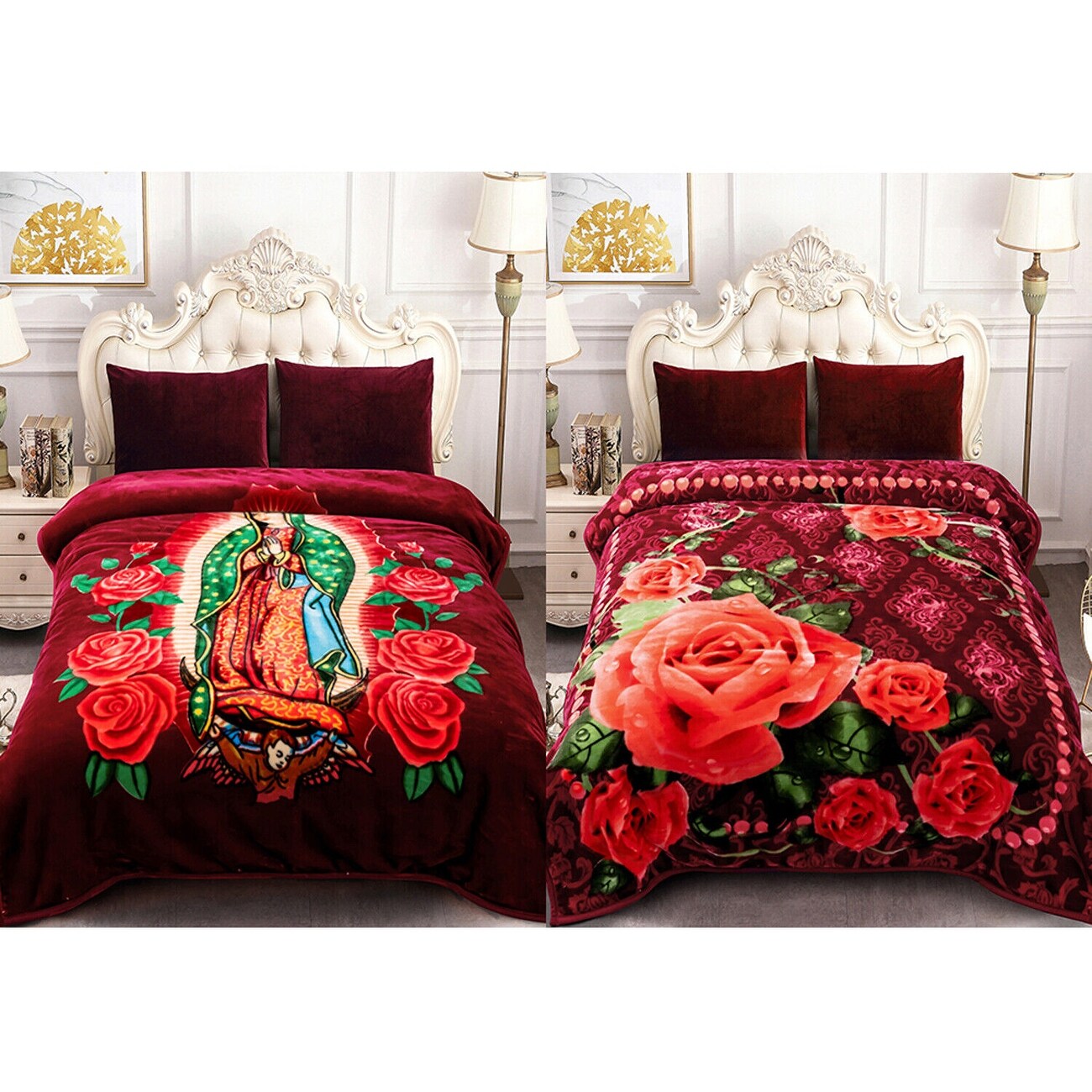 2 Side Printed Warm Fleece Bed Blanket in King Size Purple Floral