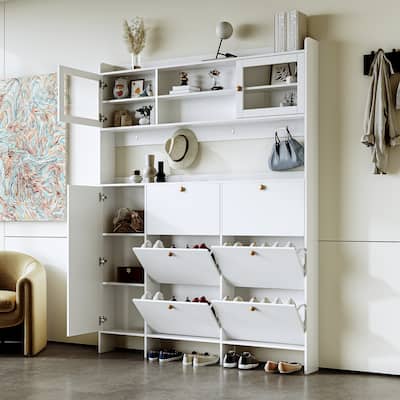 Large Shoe Cabinet Hallway Storage Cabinet with Shelves, Flip Drawers, 30 Pair Wooden Shoe Cabinet for Entryway