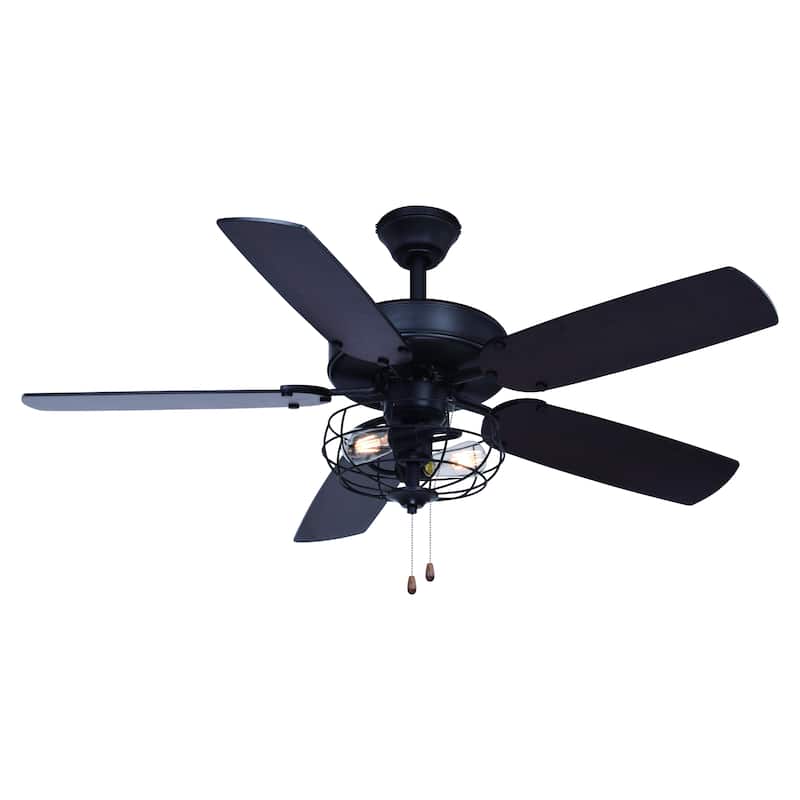 Reed 48-in. Matte Black Farmhouse Ceiling Fan with LED Cage Light Kit and Pull Chains - 48-in W x 20-in H x 48-in D