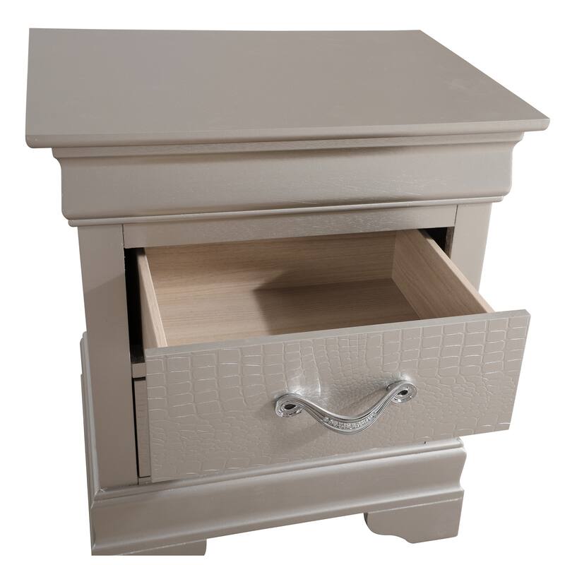 Silver Champagne Nightstand 24x21x16 with Two Spacious Drawers, Compact Bedside Table for Storage and Elegant Modern Finish