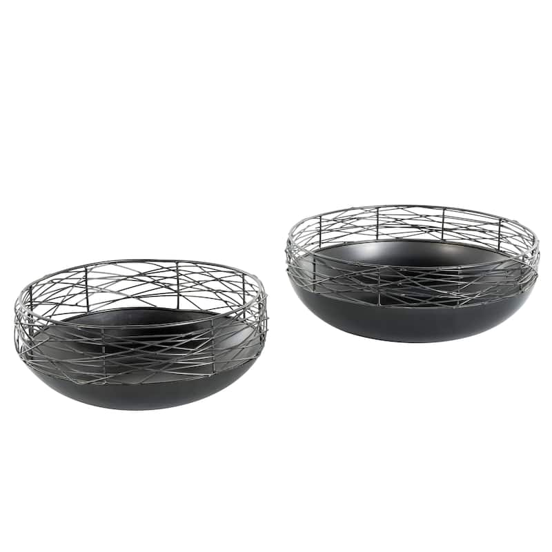 Black Metal Intertwined Wire Abstract Decorative Bowl Decorative Bowl with Solid Matte Base (Set of 2)