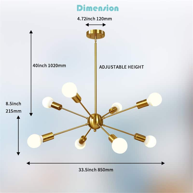 8-Light Mid-Century Modern Sputnik Chandelier in Brushed Brass
