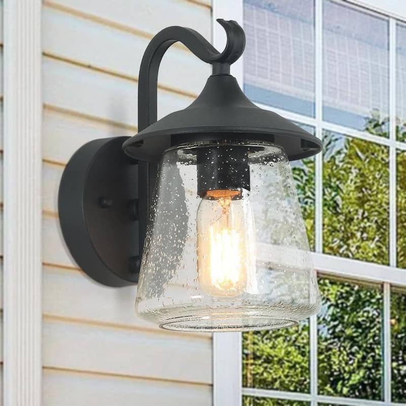 Farmhouse Black 1-Light Outdoor Wall Sconces Transitional Glass Lantern - W 6.25"* H 9.8"* E 7.9" - W 6.25"* H 9.8"* E 7.9"