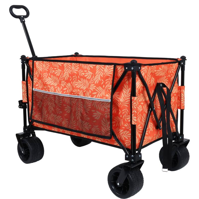 Heavy-Duty 480lbs Folding Wagon Cart with Bonus Picnic Mat - All-Terrain Beach Wheels, Drink Holders,Brakes & Side Pocket