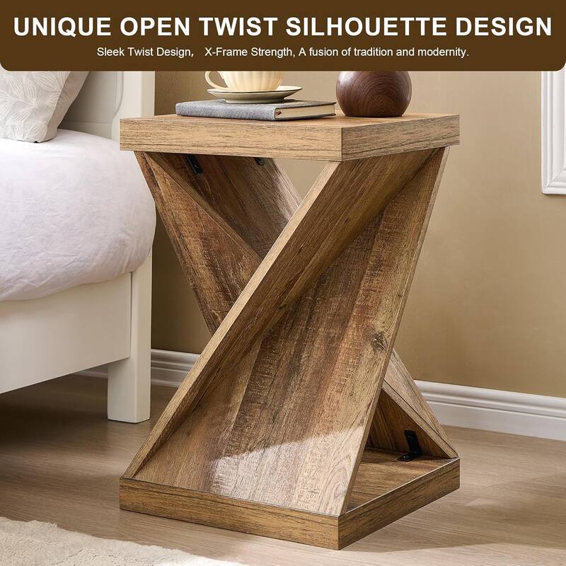 16" Modern Nightstand, Twisted Side Table, Square Rustic End Table