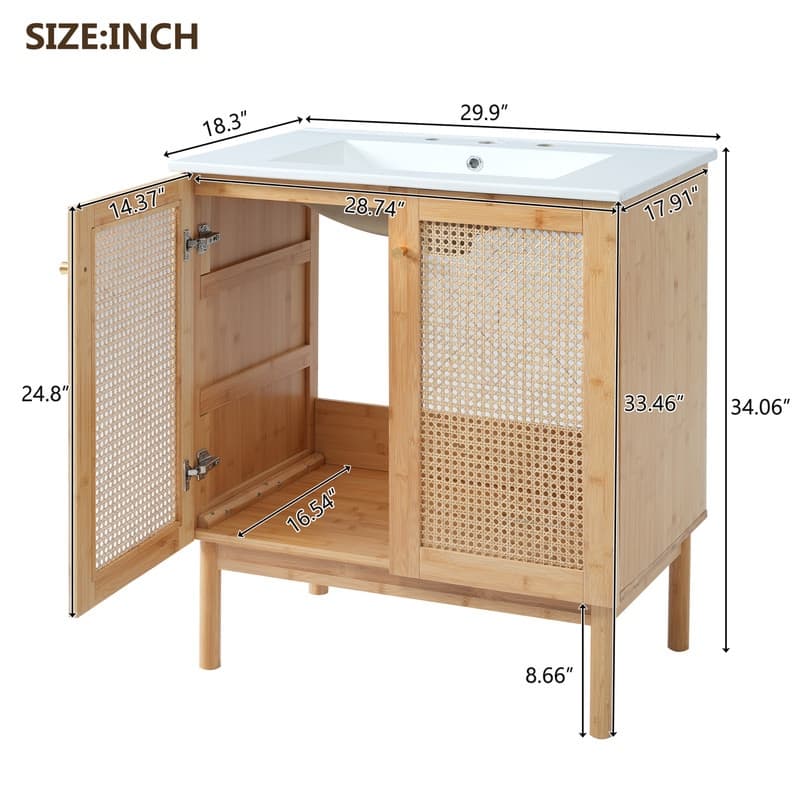 30'' Bathroom Vanity with Ceramic Sink Combo, Freestanding Bathroom Storage Cabinet with 2 Rattan Soft Close Doors