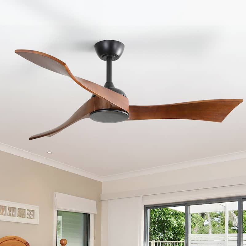 52" Solid Wood Noiseless 3-Blade Ceiling Fans with Dimmable LED Light Optional and Remote, 6-Speed Reversible DC Motor - Black with Brown Solid wood Blades/Withoutlights
