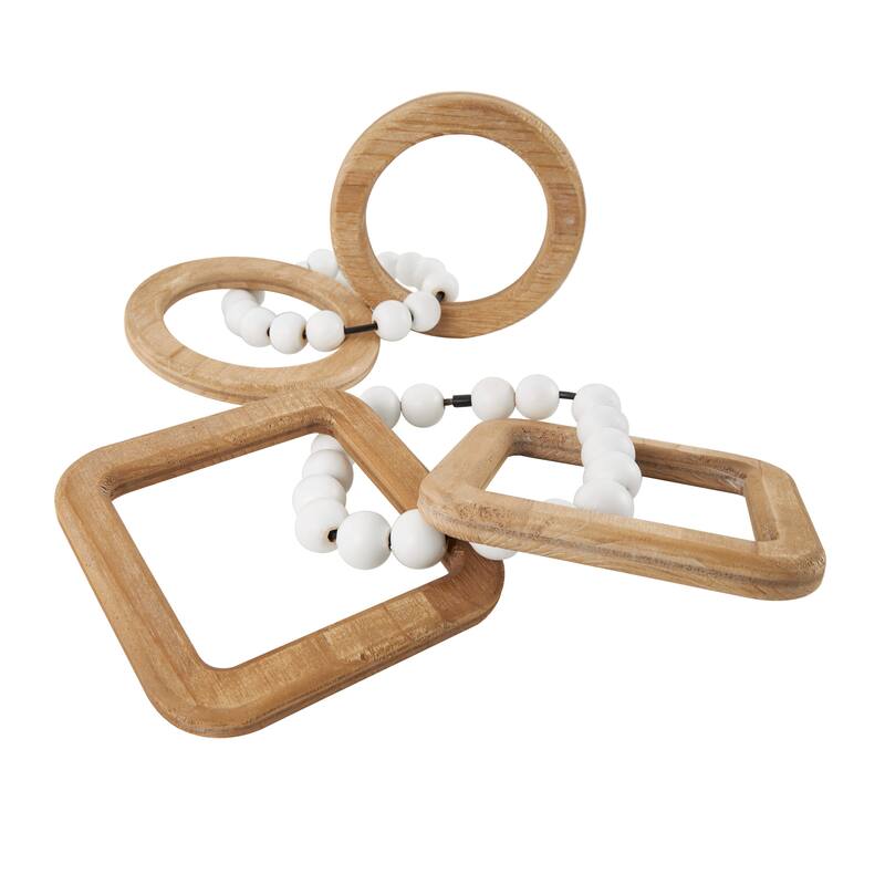 Brown Wood Geometric 3 Link Chain Decorative Sculpture with White Beaded Accents (Set of 2)