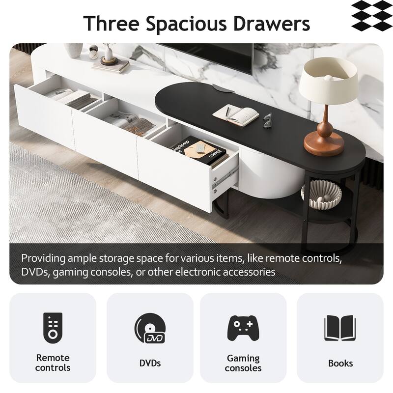 67.7"-76.4" Modern TV Stand with Adjustable Length & Height, 3 Storage Drawers, Metal Legs for Living Room