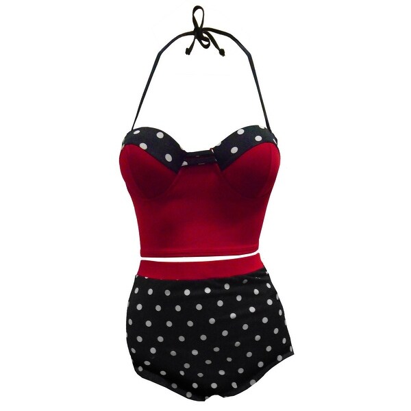 Retro Corset-Style Bikini Top & High Waist Brief in Black Dot w/Red