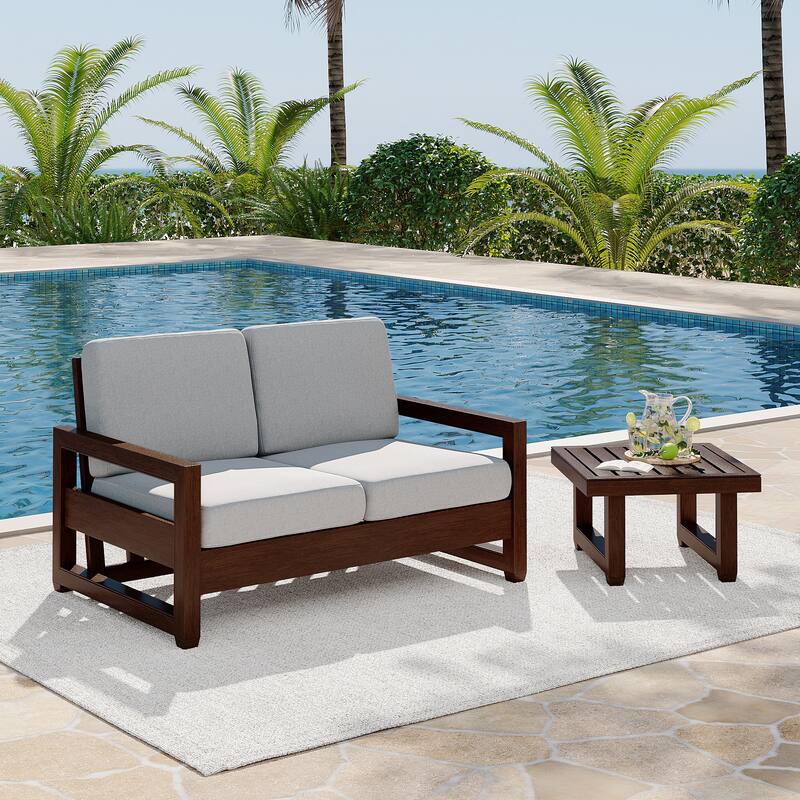 Teak Loveseat Patio Set with Cushions and Table (2-Piece) - Light Grey/Tan wood - Side table