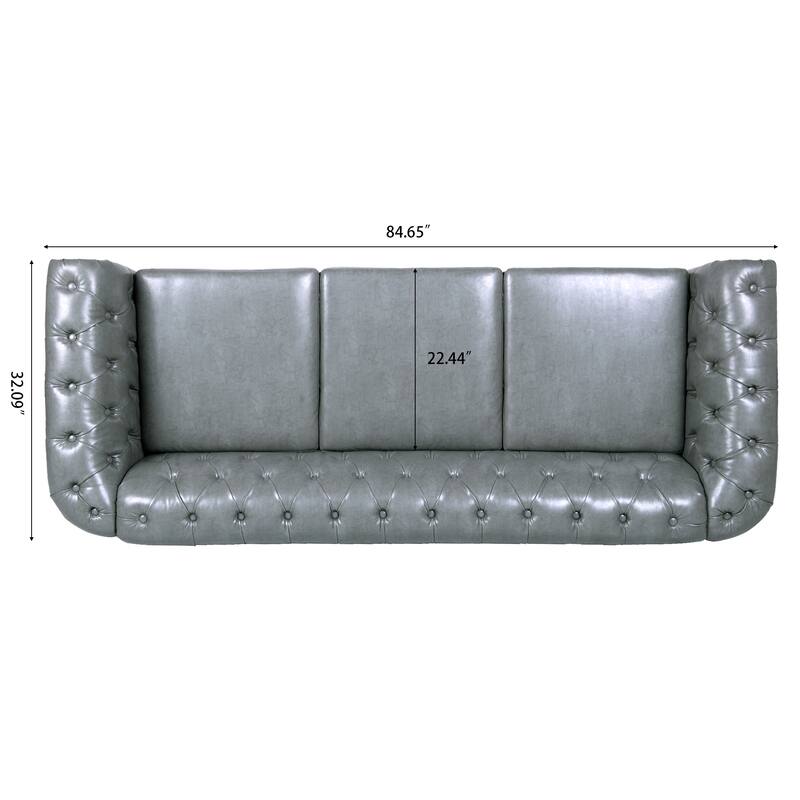 84.65" PU Leather Chesterfield Sofa with Rolled Arms (3-Seater)