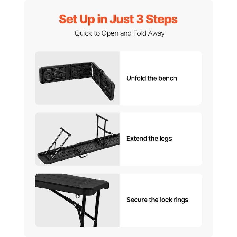 2-Piece 6 Feet HDPE Panel Foldable Bench with Lightweight Sturdy Steel Legs for Weddings or Parties - 71.8" x 11" x 16.9"