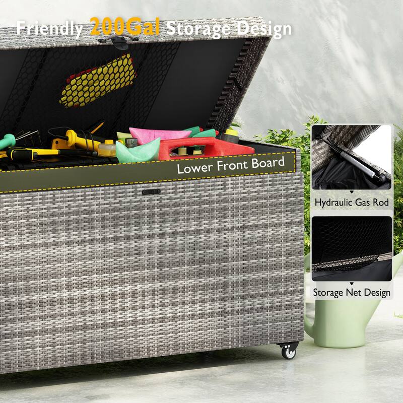 200 Gallon Wicker Deck Box All-Weather Outdoor Storage Box with Wheels Lockable Lid and Water Resistant Storage Bag for Patio