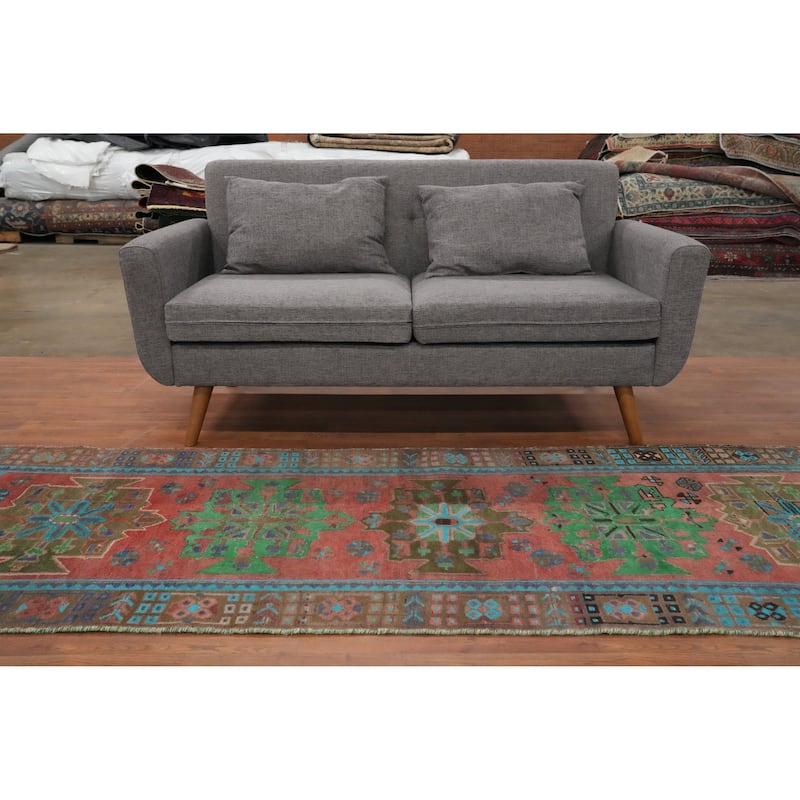 Hand Knotted Oriental 100% Wool Carpet Traditional Geometric Pink Hamedan Runner Rug - 9' 8'' X 3' 1''
