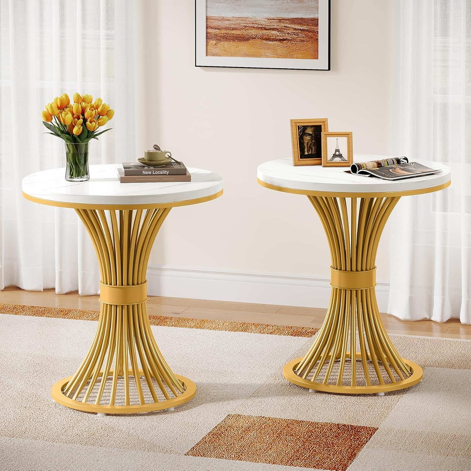 Modern Faux Marble Round End Table for Living Room, Bedroom, Sofa Side, White & Gold
