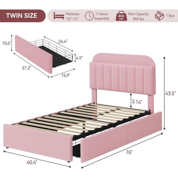 dimension image slide 6 of 9, Bed Frame for Kids, Upholstered Platform Bed for Boys with 2 Flexible Drawers